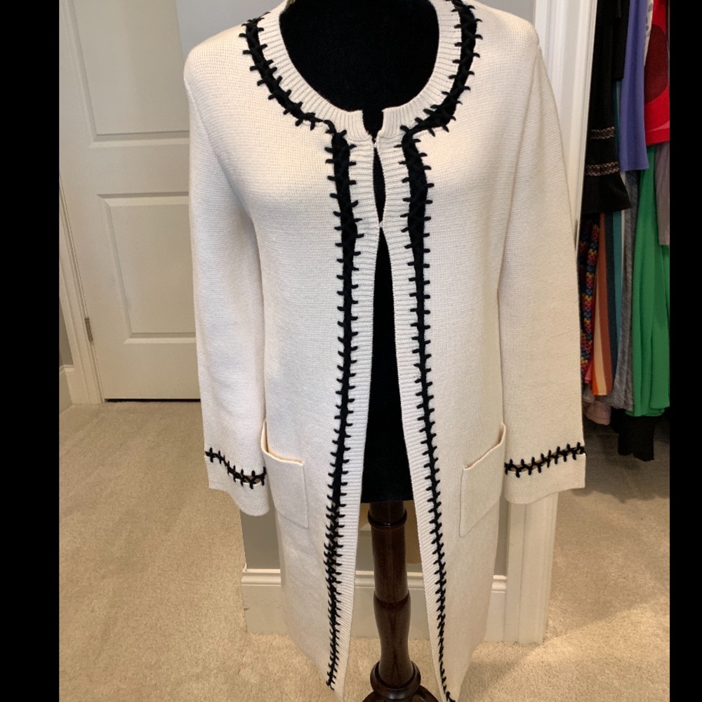 Long Black and Cream Cardigan with Thread Detail